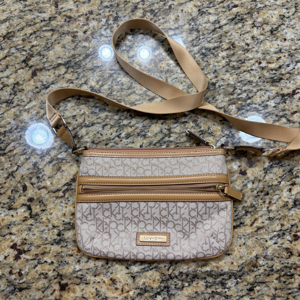 Calvin Klein Monogram Crossbody Bag Beige Tan Jacquard Logo Small Messenger
